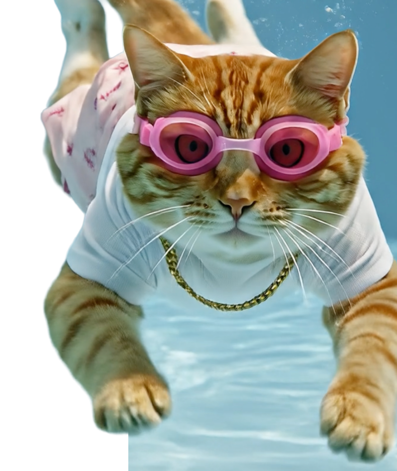 Katze taucht im Pool mit Schwimmbrille