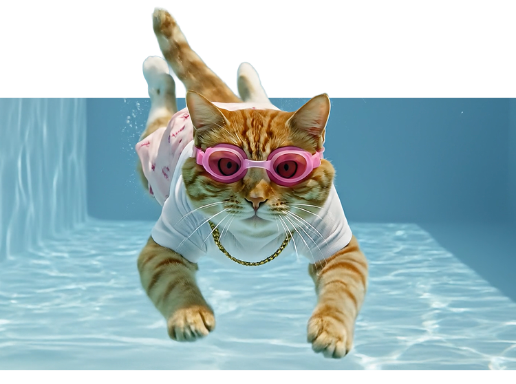 Katze unter Wasser mit Schwimmbrille